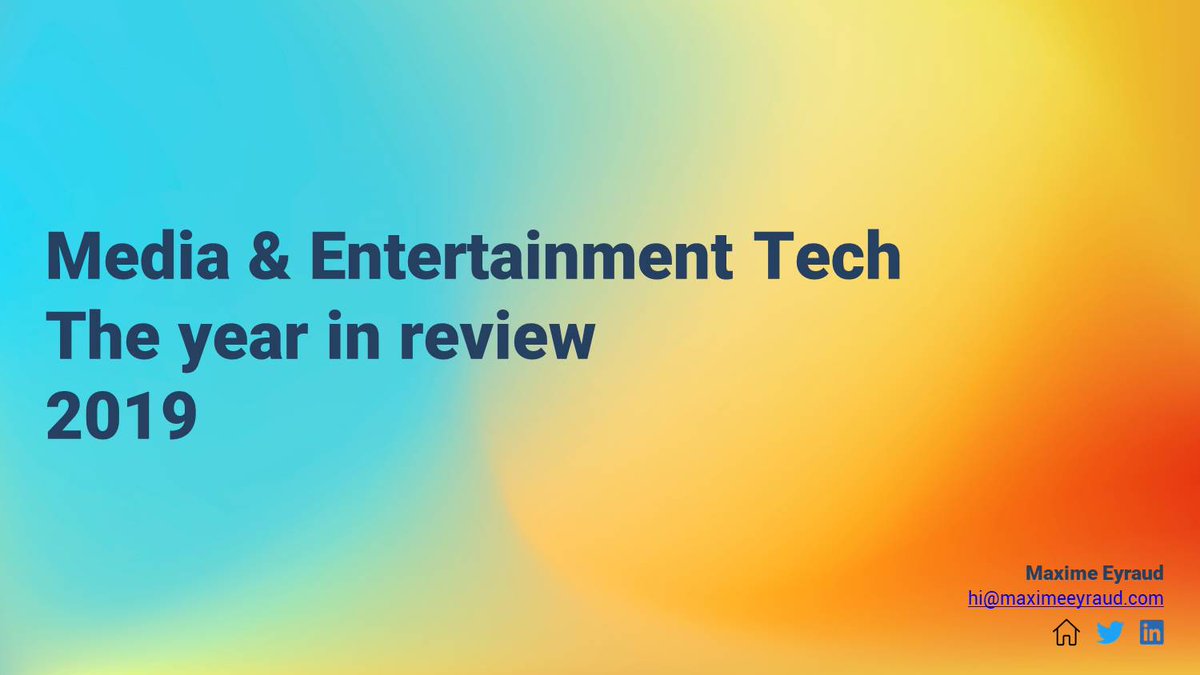 I've made the full report freely accessible on my personal website! I hope it can help others learn more about Media & Entertainment Tech and its potential.  https://maximeeyraud.com/media-entertainment-tech-review-2019