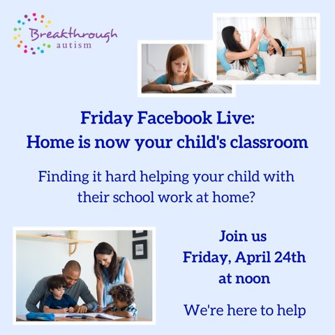 BrkthrughAutism's tweet photo. At home & finding it hard helping ur child w/ their school work?
We’re here 2 help
Join us this Friday, April 24th @ noon for our FREE weekly Friday Facebook Live.
#learningathome #schoolisnowathome #heretohelp #BCBA #autism #ASD #FridayFacebookLive #breakthroughlearning https://t.co/6IzFqfFRNl