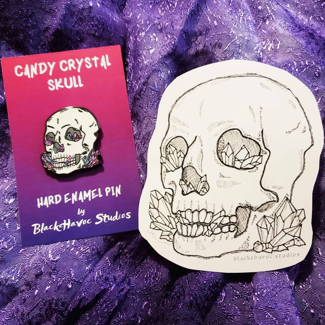 Join me & other artists this weekend! Use code 'VirtualAA' in our shops for special discounts! Each order is entered into my giveaway: Candy Crystal Skull pin & original illustration sticker! #virtualartistalley #artistalley #shopfromhome #artistalleyonline #pins #stickers #ecvaa