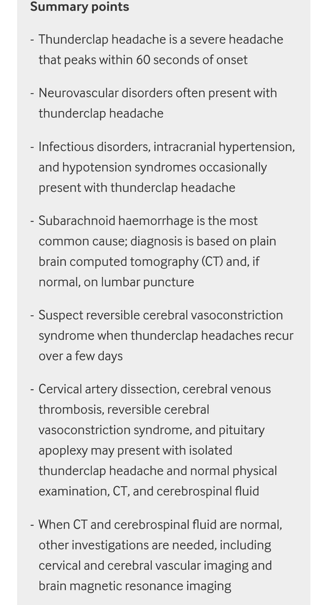drbraginmd's tweet photo. @IElmenshawi @Tracey1milligan @maclaudiaa @KPobgyndoc @lizzysouth26 @BrighamBEI @WNGtweets @KenV54 @AngelikiVgontza @Marinos_S @MonicaDhakar It's not a thunderclap headache actually. Peak wasn't quick enough. Differential still wide however. Nice review of thunderclap headaches here : https://t.co/0RrMlttUAo (image from this article)

ICHD-3 has formal diagnostic criteria for primary thunderclap headache - 4.4 https://t.co/b63GbmIGDL