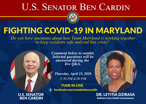 BMore_Healthy's tweet photo. Join @DrTishCommish and @SenatorCardin tomorrow, April 23, 2020 from 3:30pm - 4:30pm, while they answer questions about Fighting #COVID19 in Maryland. Submit your questions by commenting below!#coronavirusbalt #keepyourdistance #askDrD https://t.co/hZ0lDiG6np
