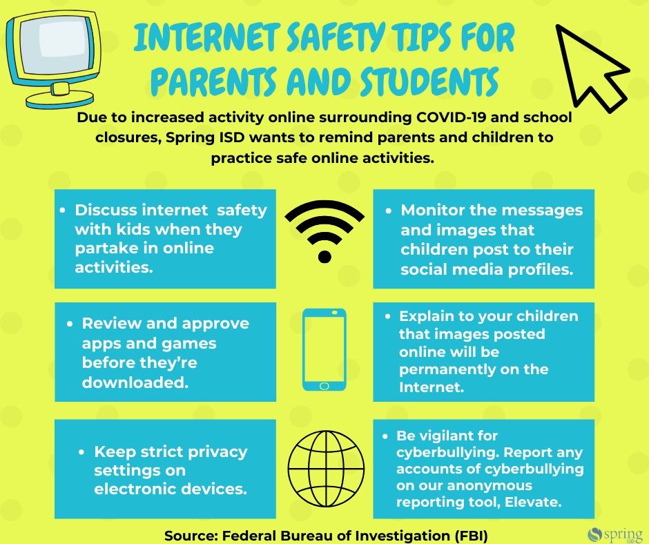 SpringISD's tweet photo. Parents, we know how important it is to keep our students safe on the internet.Try implementing some of these tips for a safer remote learning experience! #StaySafeSpring https://t.co/mXZ4I3LWPQ