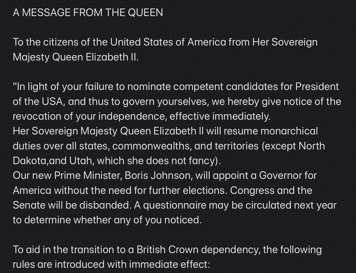 America, Please stand by for this message from your Queen.As a now fellow member of the British Commonwealth, I can assure you that The Queen  is a benevolent ruler who you can’t vote for, but will do you no harm.Oh, except make you use “u” in neighbour.   