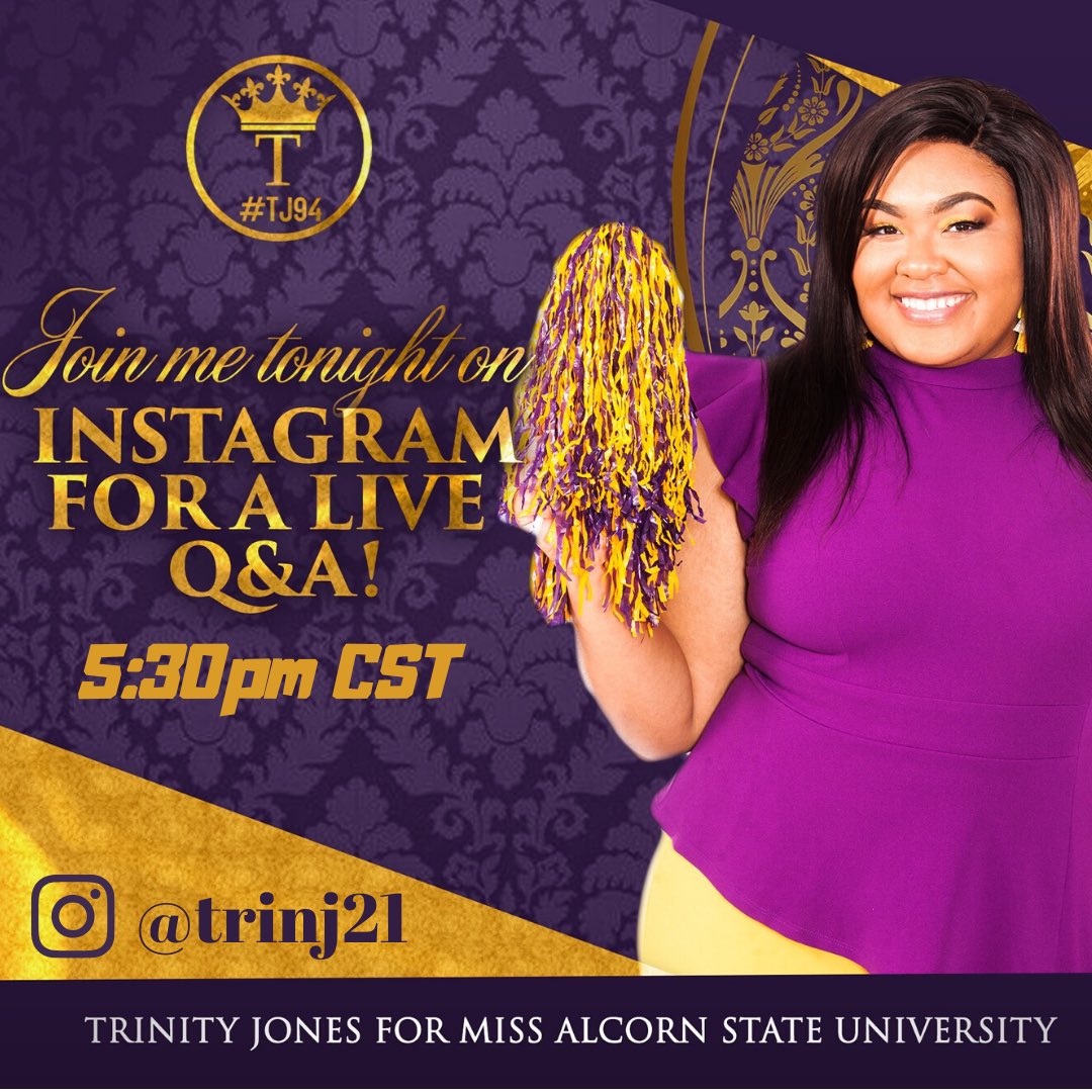 trin_j20's tweet photo. Let’s talk more about the engaging plans I have to offer YOU if elected Miss Alcorn! Join me tonight, April 22nd on Instagram at 5:30pm CST for a live Q&A. #CreatingALastingLegacy👑 #trinforthewin #TJ94 https://t.co/9uDjt4W2Za