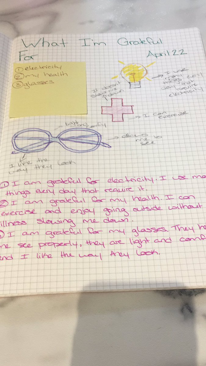 BrubacherMs's tweet photo. Gratitude Journal Day Seven. I tried to draw my glasses...never said I was an artist...🤷‍♀️😝 https://t.co/bHuRVznxyS