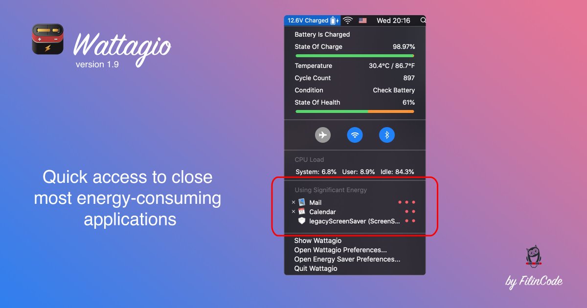 FilinCode's tweet photo. We have released a new version of Wattagio (1.9)😀😀
Added new feature: Quick access to close most energy-consuming applications.😜
Update or download on our website: https://t.co/4AryMbzScX
#FilinCode #Wattagio #Apple #Apple_app #AppleApp #macOS #macOS_app #Mac #Mac_app #MacApp https://t.co/3hEEctyusd