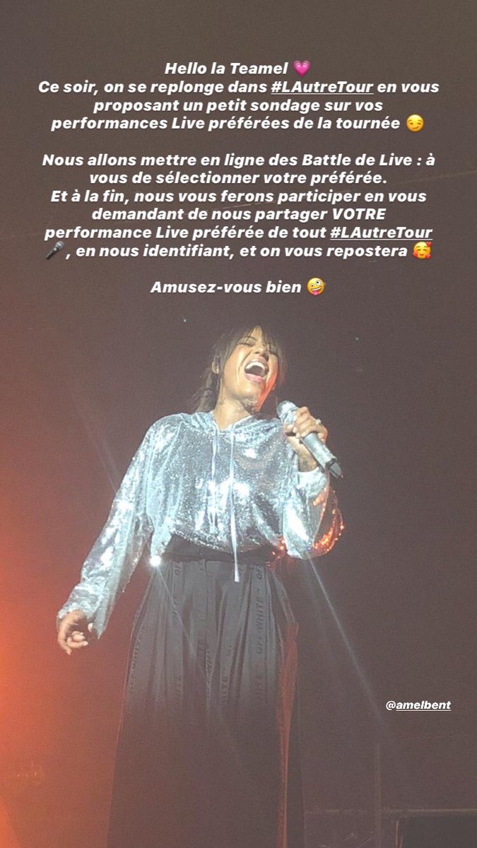 Hello la Teamel 💖
Venez nous rejoindre sur notre compte Instagram : @ outofbent pour une petite session Battle de Live de #LAutreTour 🤪
On vous attend aussi pour que vous nous postiez votre performance préférée de la tournée !
À tout de suite 🥰👇🏻