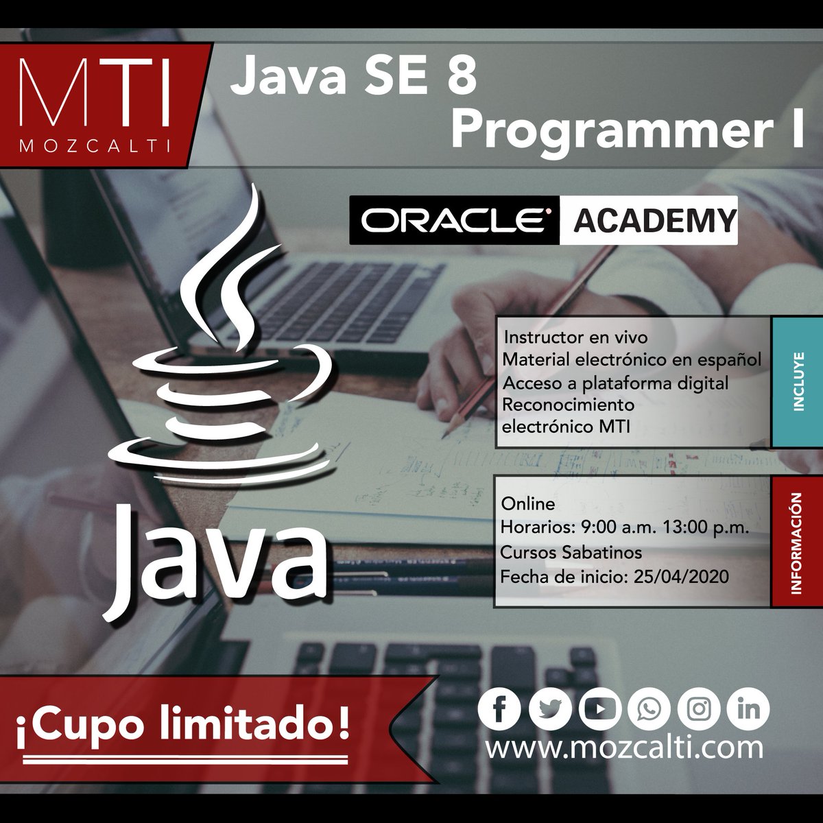 mozcalti's tweet photo. ¡¡ No te quedes fuera!!
Registrate y mejora tus oportunidades haciendo lo que más te gusta.
Java SE 8 Programmer l
Mozcalti- Haciendo crecer al hombre.
Link de registro:
https://t.co/CB4ylSTMvL https://t.co/mTQa1OdXVo