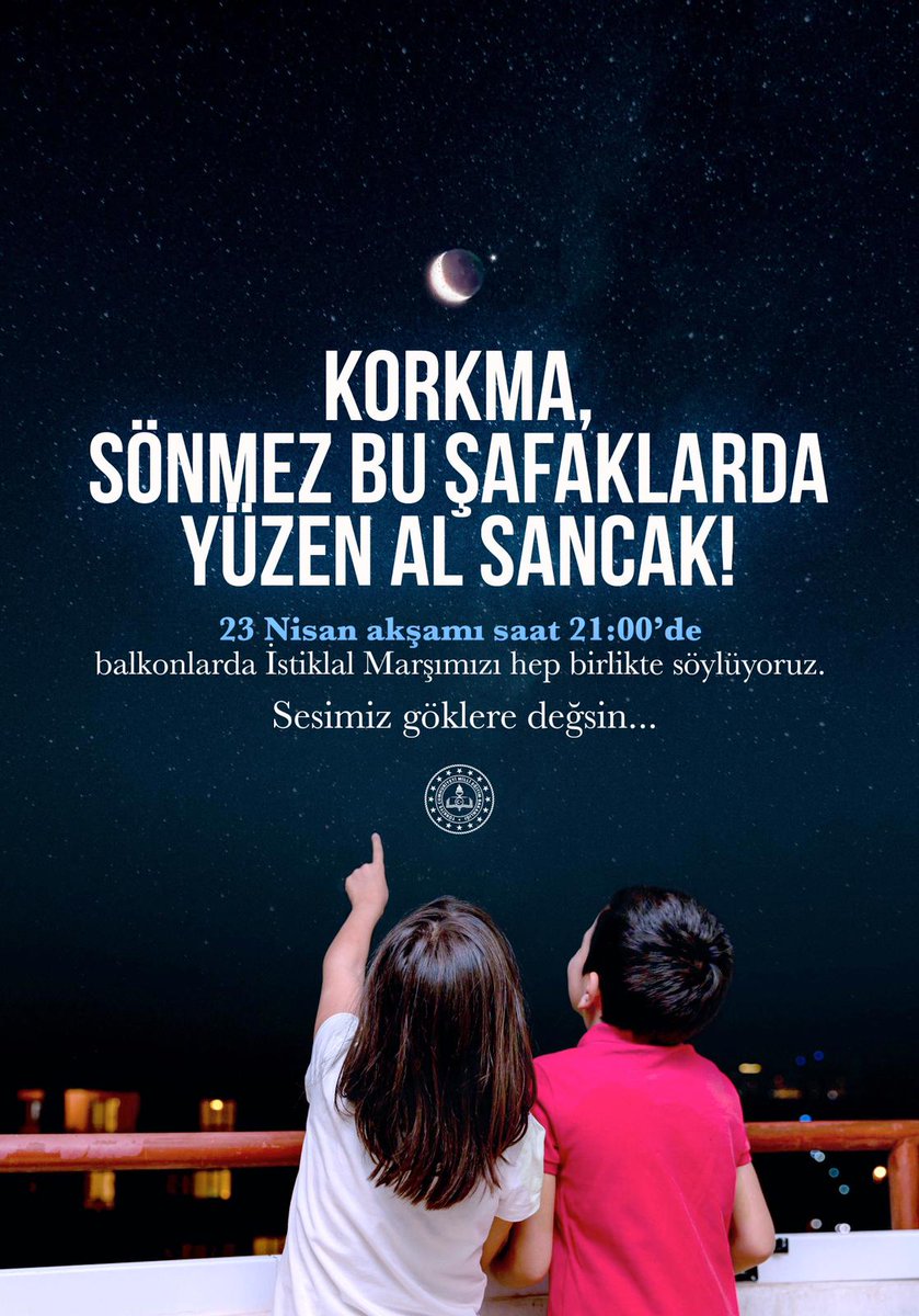 Hep birlikte sesimiz göklere değsin. Yarın akşam 21.00 da balkonlarda İstiklal Marşımızı söylüyoruz...
#yüzyıllaryaşa23nisan 
<a href="/seyfullah0966/">Seyfullah OKUMUŞ</a> <a href="/ziyaselcuk/">Ziya Selçuk</a> <a href="/tcmeb/">Millî Eğitim Bakanlığı</a> <a href="/safran1958/">Mustafa SAFRAN</a> <a href="/RehaDenemec/">Reha Denemeç</a> <a href="/okancbn/">Dr. Okan Çoban</a> @hmzaydg <a href="/yskosger/">Yavuz Selim KÖŞGER</a>