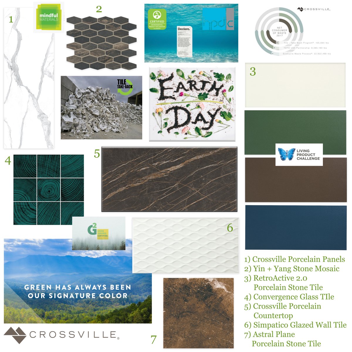 Happy Earth Day! If your firm believes in sustainable design practices, <a href="/crossvilleinc/">Crossville, Inc</a>  has you covered! We want to be your partner and first choice for sustainable products! #Mindfulmaterials #G2 #HPD #EPD #LEED #USAMade #TileTakeBack #LivingProductChallenge #Declare #Portico