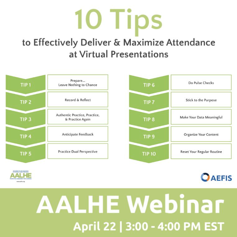 goAEFIS's tweet photo. Here are your 10 tips to effectively deliver & attend virtual presentations to take with you today!
•
•
•
#AAHLE #aefisable #Assess #Assessment #Accreditation #VirtualConference @andrewmarotta21 @sharonjsherman https://t.co/Pp8WmeViGr