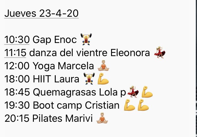 Horario de clases en directo desde Facebook Gymdoris 
#QuedateEnCasa #yoentrenoencasacongymdoris #gymdorisforever #resistiremos#deportesalud#activatusistemainmunologico