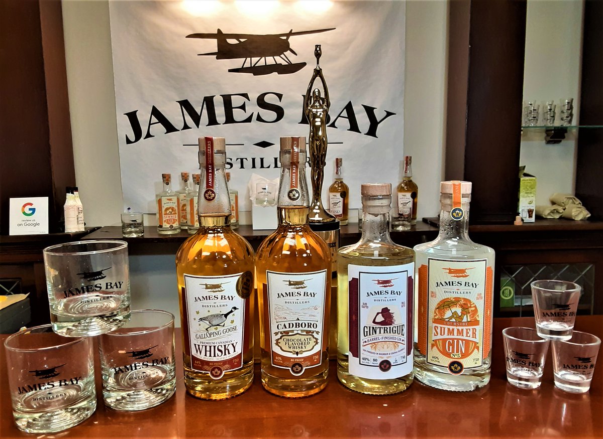 JamesBayDistill's tweet photo. New #familyphoto! Our award-winning spirits lined up with our newest release, #Gintrigue barrel-finished #gin. L to R: #GallopingGoose Canadian whisky, #Cadboro cacao-infused whisky, Gintrigue and #Lochside #SummerGin No. 5. Call, email or stop by, and we ship. Cheers! https://t.co/OIawneUHKF