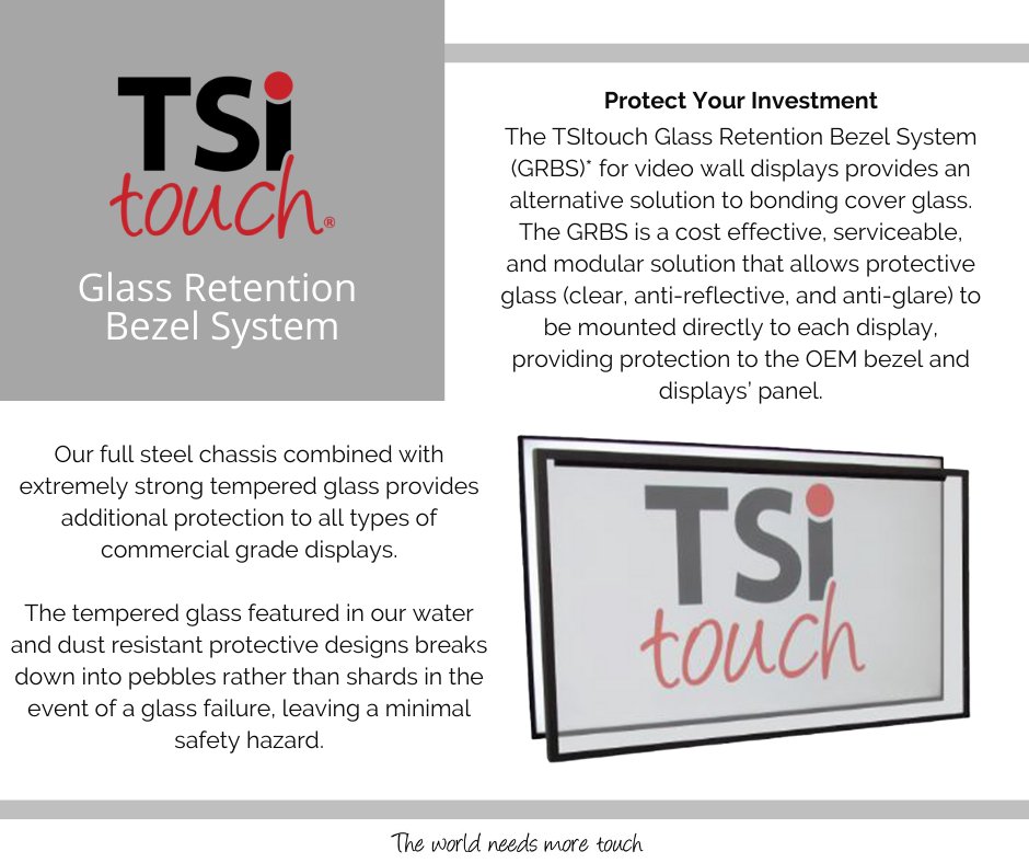 TSItouch's tweet photo. The TSItouch Patented Glass Retention Bezel System (GRBS) offers a protective solution for nearly any commercial grade display in the industry! 
Learn more!👇
https://t.co/of6nXAPLc6
GRBS Basketball Stress Test!👇
https://t.co/cx4x3vwiN7

#TheWorldNeedsMoreTouch #displaysolutions https://t.co/LDKjy1O28t