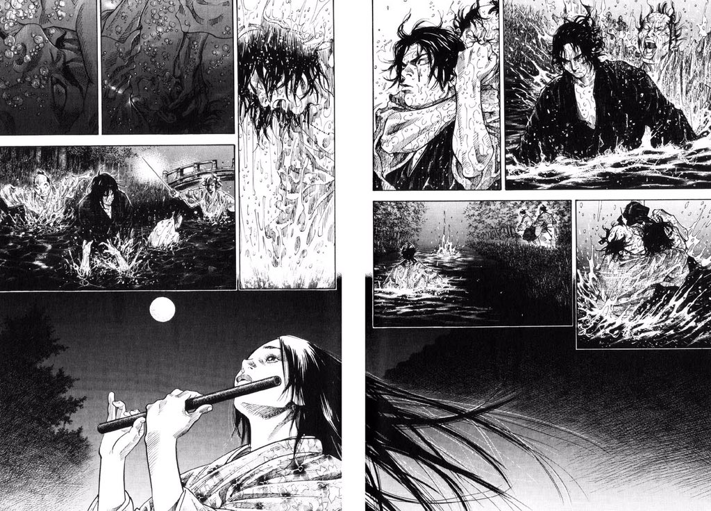 What an intense fight holy shit, only 3 words of dialogue in the whole chapter, I just know if this was animated it’d be amazing with everything being dead silent and only hearing the splashes of the water and Otsu’s flute