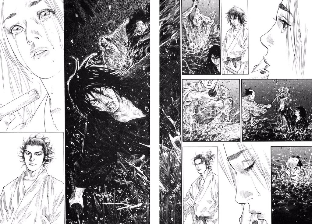 What an intense fight holy shit, only 3 words of dialogue in the whole chapter, I just know if this was animated it’d be amazing with everything being dead silent and only hearing the splashes of the water and Otsu’s flute