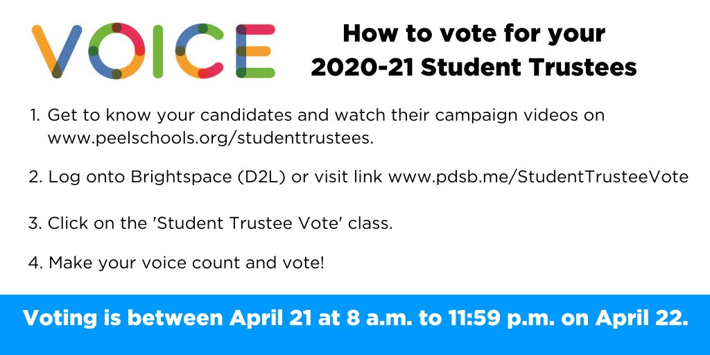 ATTN: Secondary School students. There's still time to vote for your 2020-21 Student Trustees if you haven't voted yet. A link to vote is available through D2L or at pdsb.me/StudentTrustee… until 11:59 p.m. tonight. Make your voice count and vote! #PeelStudentVoice