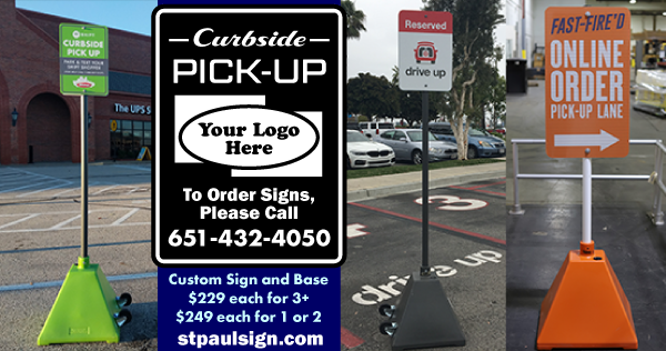 We're making custom Curbside Pickup Signs and bundling them with our Portable Pyramid Sign Bases. Excellent graphics, 88 vinyl colors, 10 sign base colors. $249 each, $229 each for 3+. 5 day turnaround. Call 651-432-4050 or visit stpaulsign.com/sign-and-bolla… for more info.