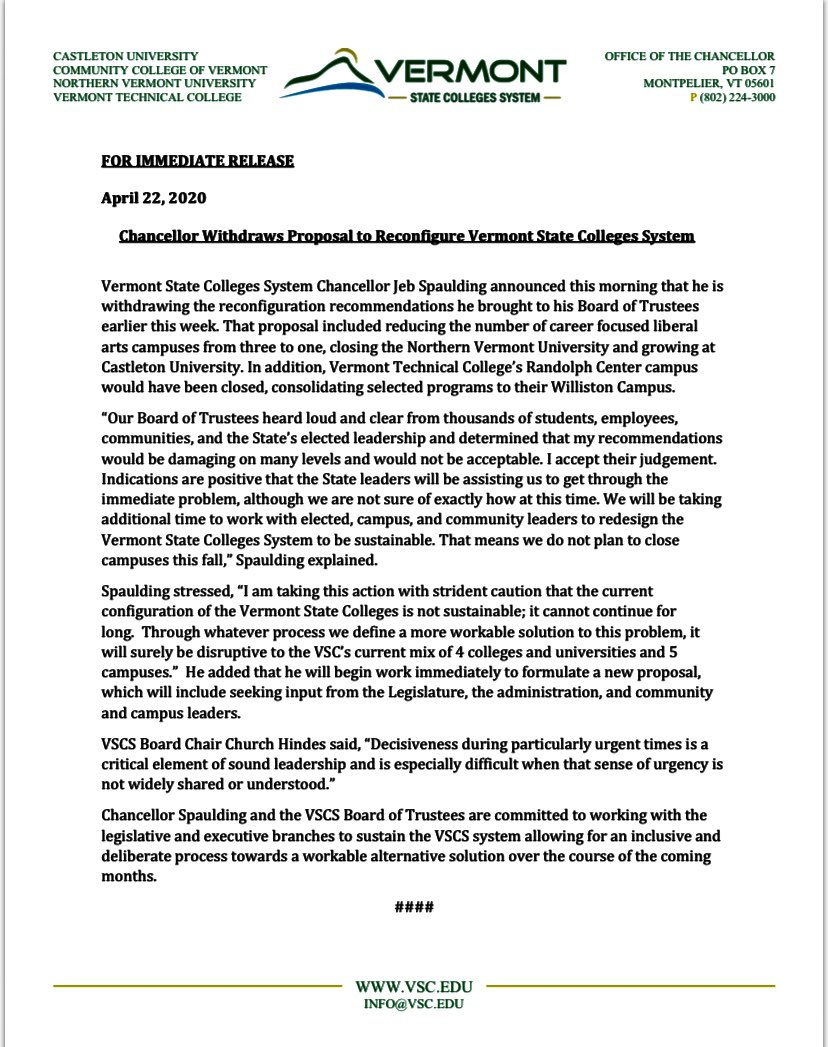 BrianMyNBC5's tweet photo. NEW: #Vermont State College System Chancellor Jeb Spaulding pulls plan to close #NVU #Lyndon Johnson campuses and #VermontTech’s Randolph campus after days of protests and emergency meeting @MyNBC5 https://t.co/FibqtmhZY8