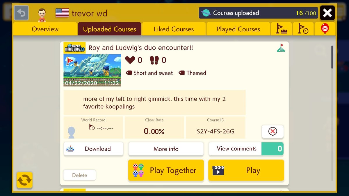 TrevorWDavies2's tweet photo. @ExodusGA  thanks for playing my levels with my left to right gimmick. i made another one with the koopalings from the new update. Enjoy :) https://t.co/1RCZnLEwqc