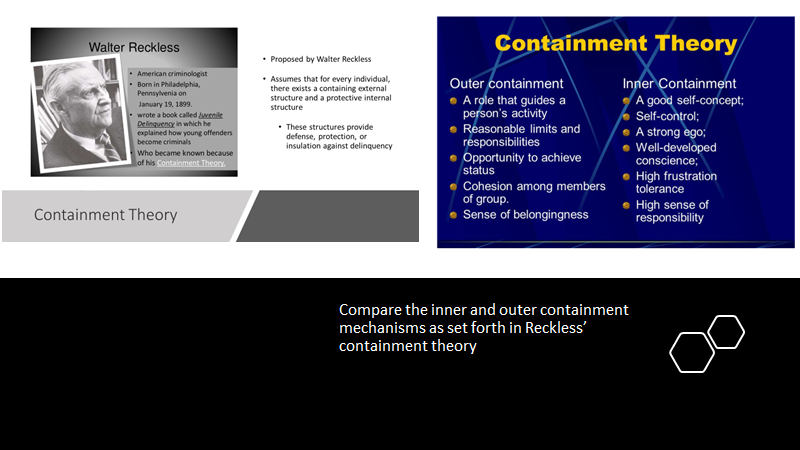 Containment theory assumes that for every individual, there exists a containing external structure and a protective internal structure, both of which provide defense, insulation against delinquency. #MoraineValley  #MVCCOnline  #CRJ105  #SocialControl