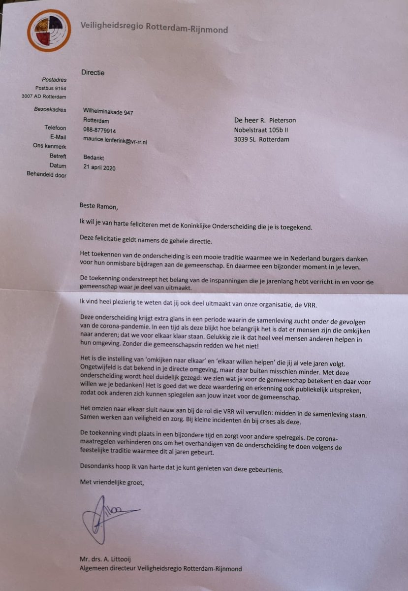 Vandaag: net als Wouter van Weijen, Frans v.d. Sanden, Peter v.d. Lee, George Geerst, Patrick van Rijn, Peter Besseling, Saas Zijlmans, Paul Greeve te horen gekregen dat er een Koninklijke Onderscheiding aan ons is toegekend.