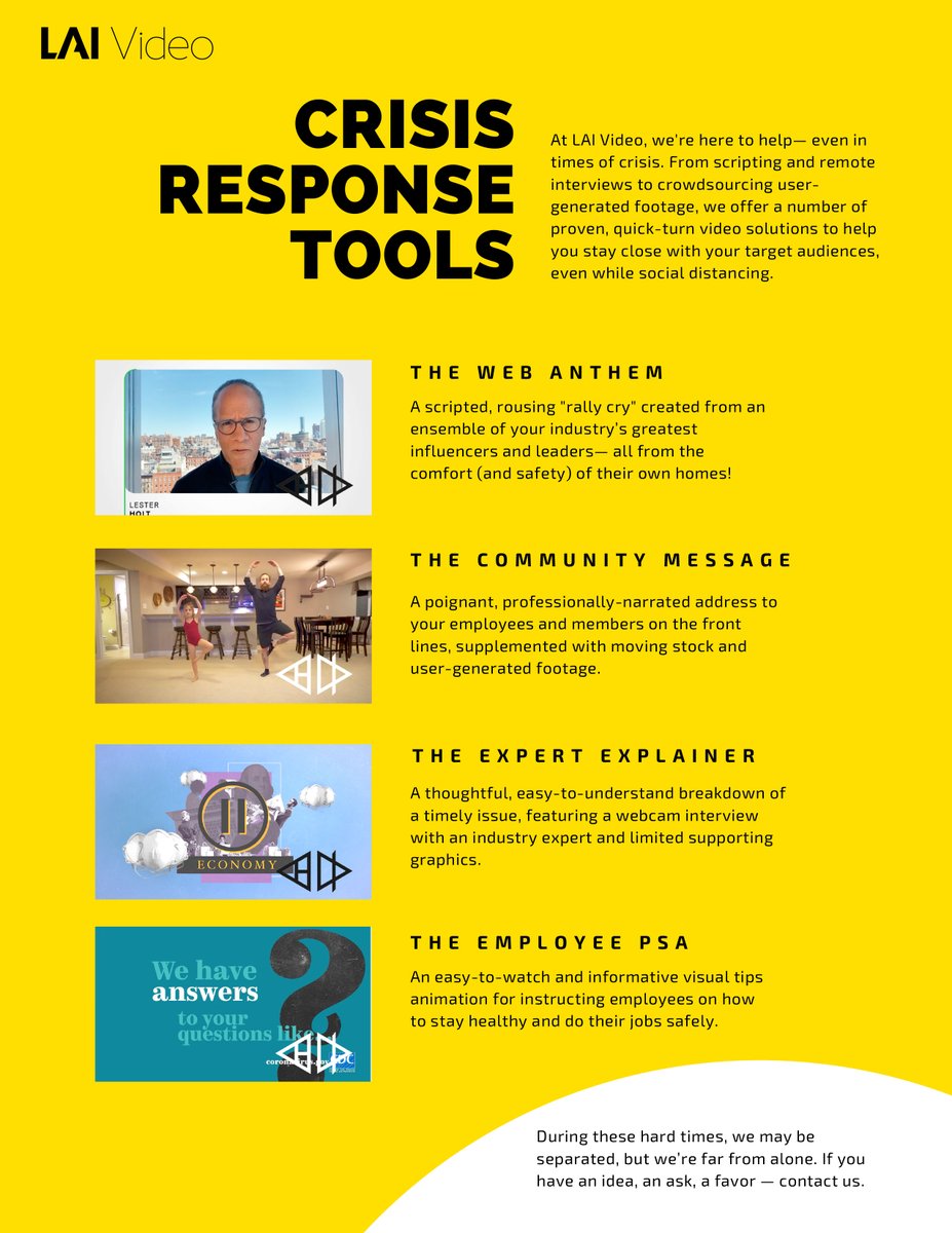 LAIvideo's tweet image. At @LAIvideo, we&apos;re here to help — even in times of #crisis. From #scripting and #remoteinterviews to #crowdsourcing #usergeneratedcontent, we offer a number of proven, quick-turn #video solutions to help you stay close with your #targetaudiences, even while #socialdistancing.
