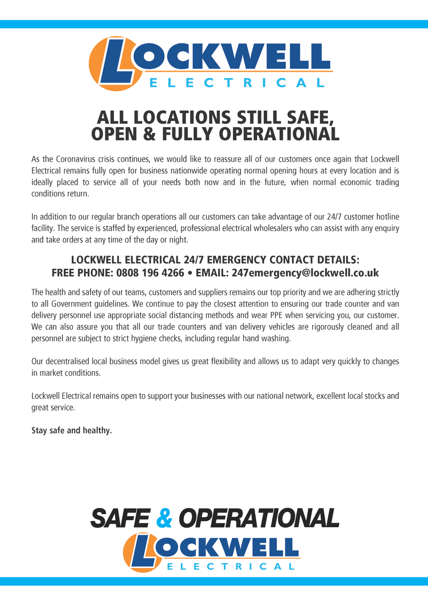 LockwellHQ's tweet photo. Please see below for an updated message to all of our customers. Lockwell Electrical remains fully operational and open for business. 

#electricalproducts
#electricalsupplies
#electricalwholesaler https://t.co/XuJAJgbrhY