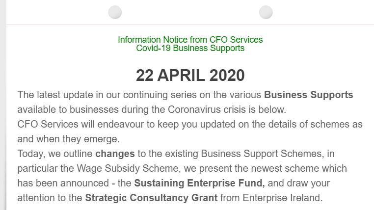 cfoservicesirl's tweet photo. Our latest newsletter on the Business Supports available to Irish companies has just gone out. To subscribe, just email us at info@cfoservices.ie   More to follow... https://t.co/zltf0qOwMD