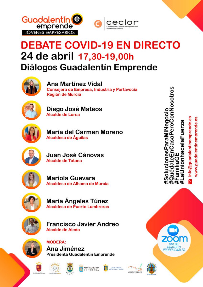 Quiero agradecer a <a href="/GuadalentinEmpr/">Guadalentin Emprende</a> y a <a href="/CECLOR_/">CECLOR</a> el que hayan contado conmigo para abrir este debate sobre el #COVIDー19, y para dar a conocer las medidas que se están llevando a cabo por parte de <a href="/Empresa_RM/">Consejería de Empresa, Empleo y Economía Social</a>. Nos vemos el 24 de abril a las 17.30. Contamos con todos!