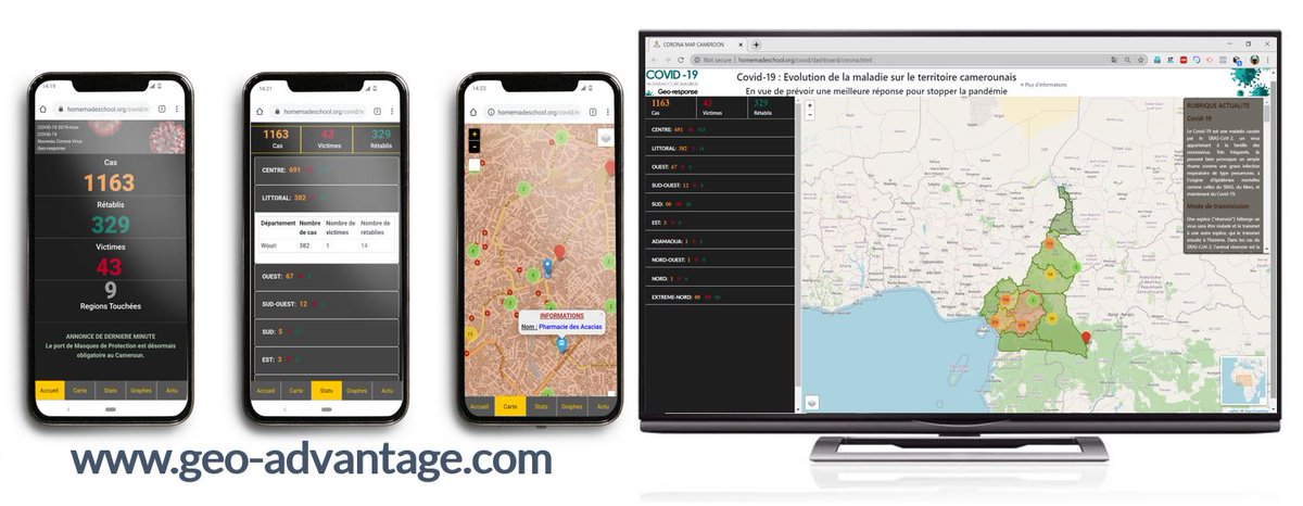 geo_advantage's tweet photo. One month ego, we decided to create a #dashboard to help decision makers in #Cameroon to fight #coronavirus. This is its first version.
- It displays in real time the number of cases per region including statistical graphs and charts. /1
@DrManaouda, @LibomMinette, @africatechie https://t.co/v6uDZhNTfW