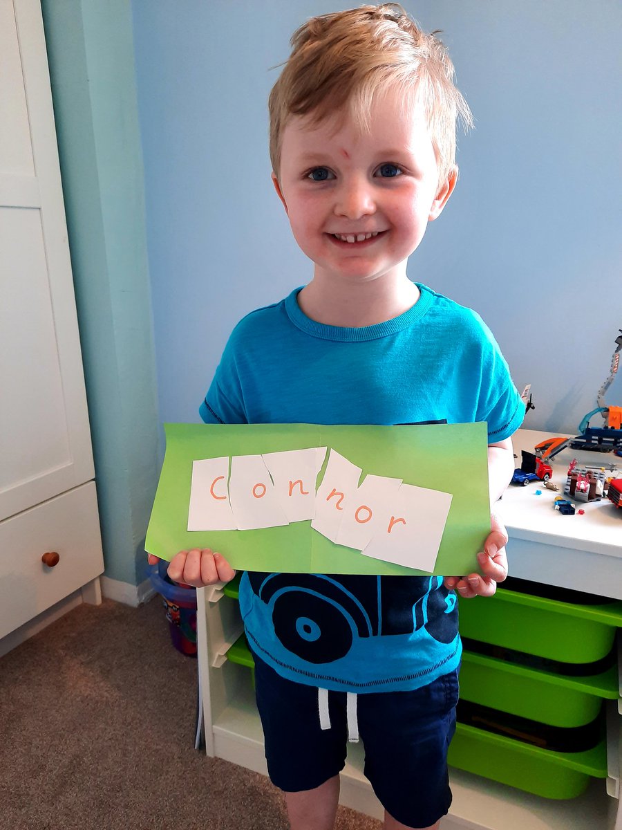 LauraLKD2008's tweet photo. @StBridesNursery Connor is missing all of his teachers and friends but loves seeing the videos and photos. He helped to put out the washing today then enjoyed cutting and sticking the letters of his name. He loved making his own humpty dumpty egg and gave him lots of cuddles xx https://t.co/oy7PTf5K6j