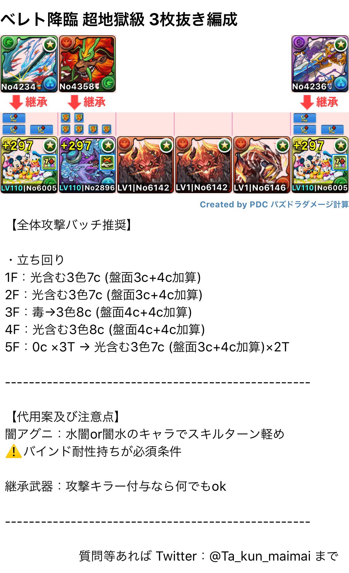 Ta Kun ベレト降臨 超地獄級 3枚抜き編成 数時間前に別の編成で試してたけど やっぱ最終的にミッキー フレンズ最強 色埋め 毒継承は山ほど代用があると思うので スキル上げで良かったら是非 04 29 水 23 59 までslv Up率5倍 パズドラ
