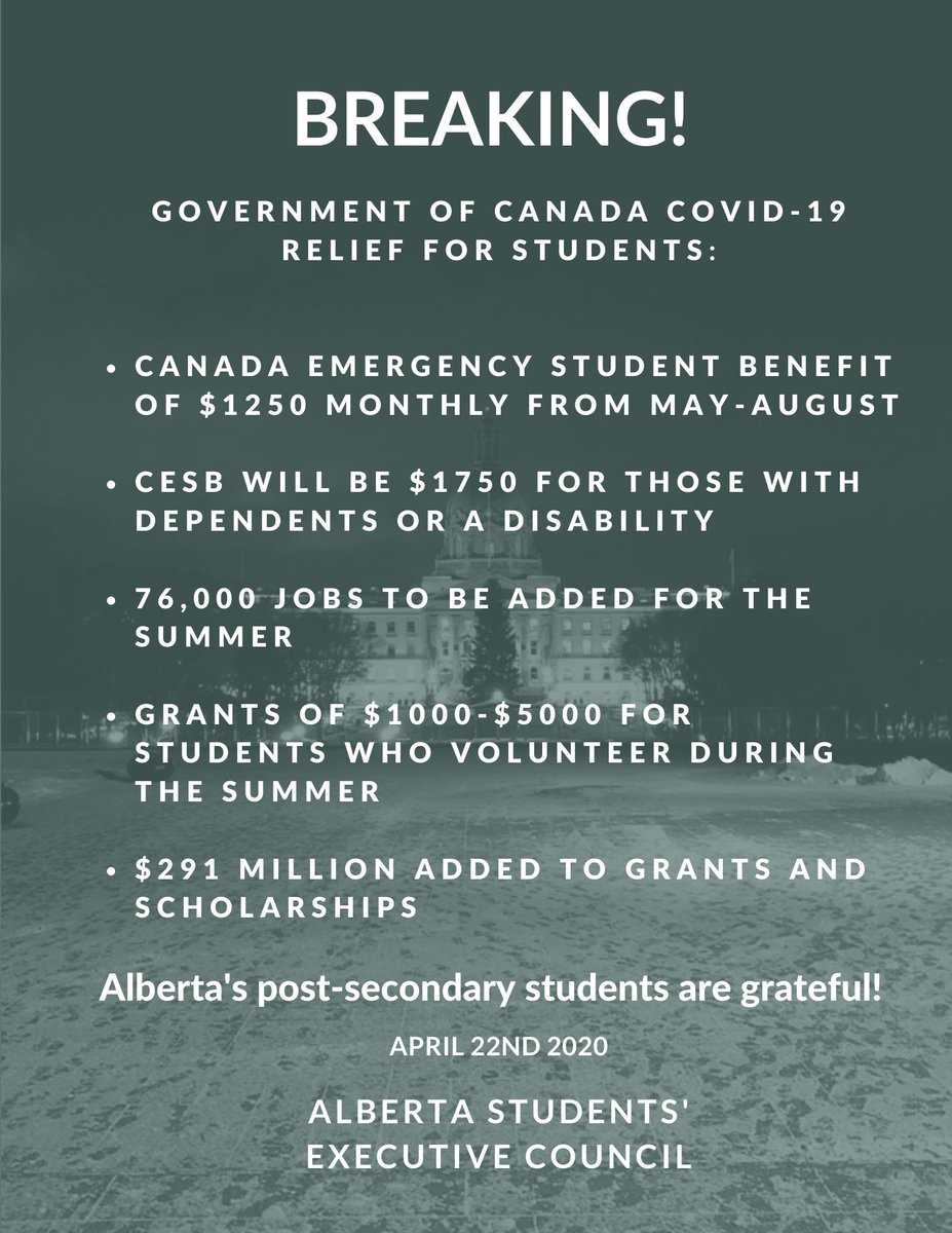 AlbertaStudents's tweet photo. #COVID19AB support for post-secondary students from the Federal Government!

#abpse #ableg #abpoli https://t.co/LLDytus24R