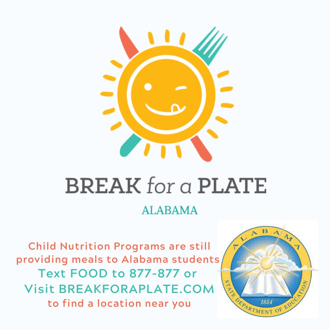 AlabamaAchieves's tweet photo. Child Nutrition Programs are still providing meals to Alabama students. To find a location near you, text FOOD to 877-877 or visit https://t.co/t5tah9tMsH
.
.
#childnutrition #alsde #alabamaachieves  #altogether #educationmatters #socialdistancing #distancelearning #virtualschool https://t.co/INHDra0Fqx