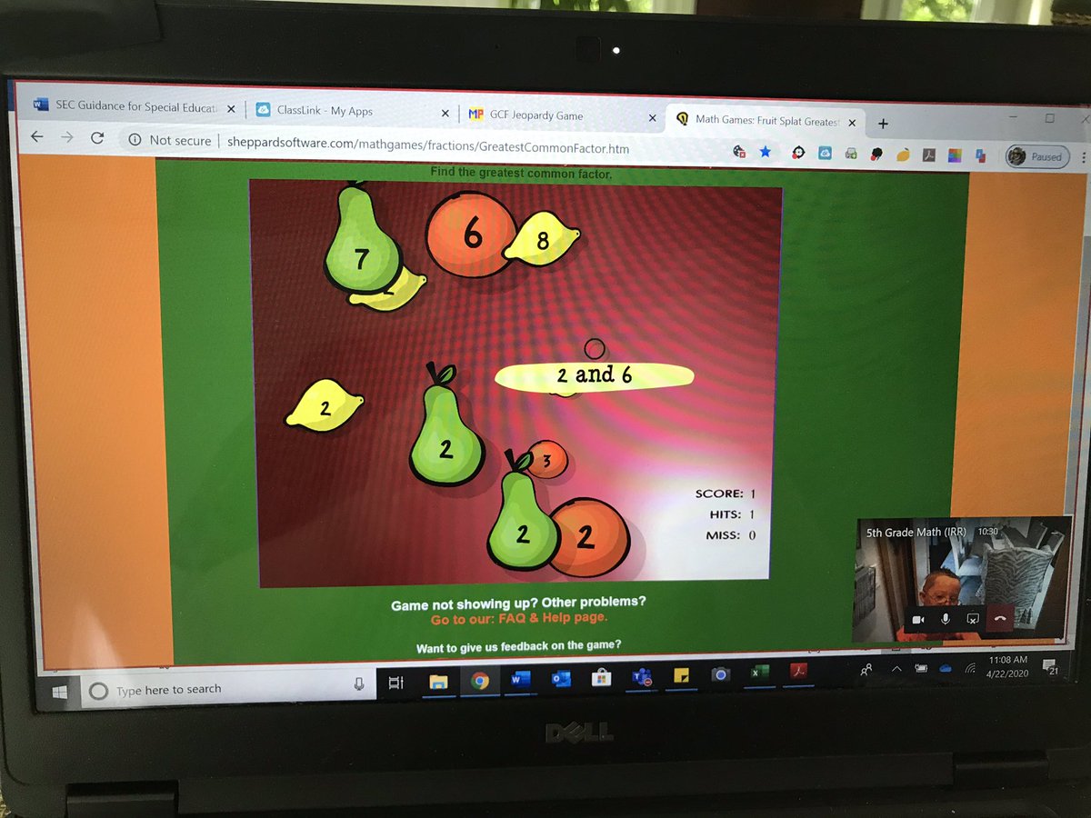 CoachCarolina24's tweet photo. Keeping them engaged🤪 in virtual lessons #factorrainbows #GCF #fruitninja #jeopardy #itsBetteratMedlock #missingmy5thgraders #5thgrademath https://t.co/apA51pR9zX