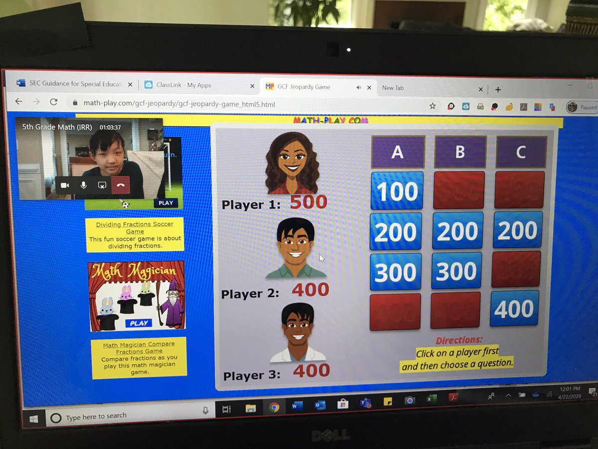 CoachCarolina24's tweet photo. Keeping them engaged🤪 in virtual lessons #factorrainbows #GCF #fruitninja #jeopardy #itsBetteratMedlock #missingmy5thgraders #5thgrademath https://t.co/apA51pR9zX
