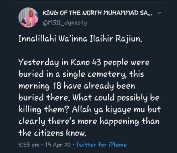 There has been rumoured mass death of the elderly in Kano with individuals likening it with COVID-19 pandemic. In separate reports by people and media outlets, the estimated number of the said mortality have been placed at about 43 people by  @MSII_dynasty),