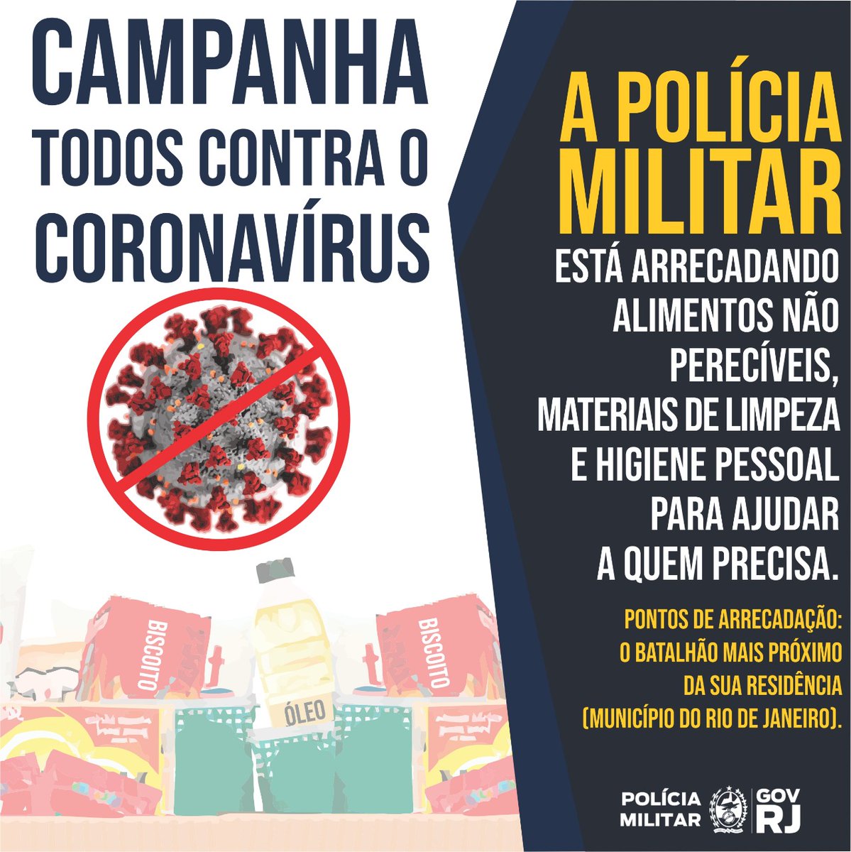PMERJ's tweet photo. "Doar é um ato de amor"

A #PMERJ iniciou uma campanha humanitária para arrecadar cestas básicas e distribuí-las às famílias que estão passando por dificuldades em decorrência da pandemia provocada pelo #COVID19. 

Contamos com a sua #solidariedade para ajudar quem precisa. https://t.co/GbZZSSfndW