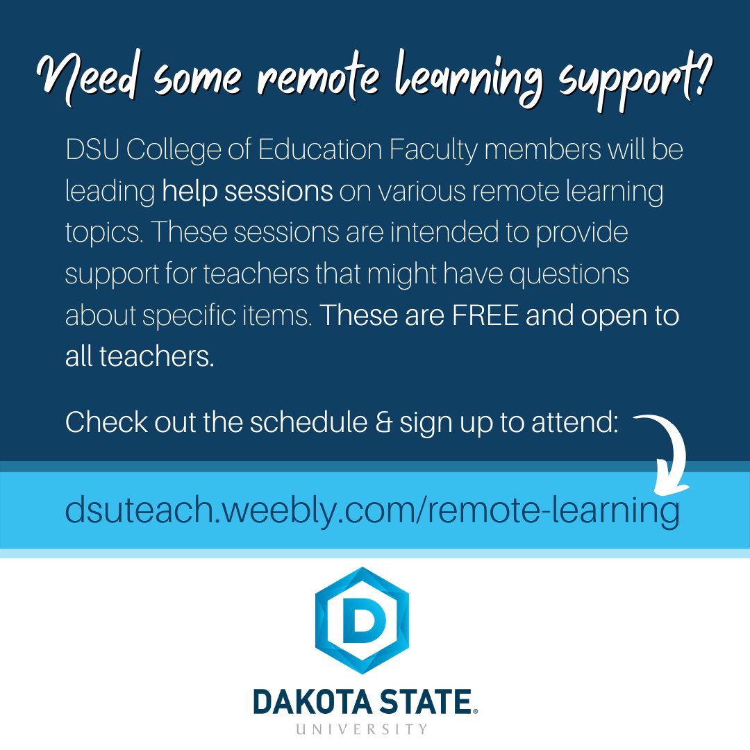 kevinsmithsd's tweet image. Check out our remote learning sessions for teachers. These are free sessions to support teachers with specific tech tools they might be using or want to learn more about.
dsuteach.weebly.com/remote-learnin… @tboldt5 @fiegent @DakotaState @DSUteach