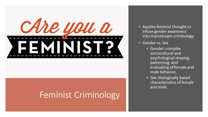 Feminism is a way of seeing the world, and feminist thought views gender in terms of power relationships, revealing the inequities inherent in patriarchal structures. #MoraineValley  #CRJ105  #FeministCriminology