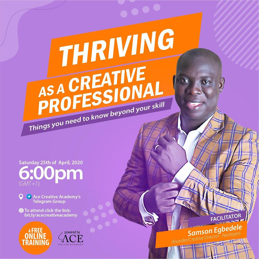 aceacademyng's tweet photo. THRIVING AS A CREATIVE PROFESSIONAL
Things you need to know beyond your skillA FREE ONLINE TRAINING SESSION
To attend click the link: https://t.co/XhSUNVIpMf
Powered by: Ace Online Academy
.
#creative #professional #gettheacefactor #creatives #beyondskill #thinking https://t.co/74tC3VasaD