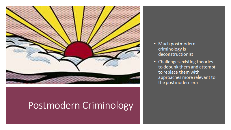 Postmodern criminology applies understandings of social change inherent in postmodern philosophy to criminological theorizing and to issues of crime control. #MoraineValley  #CRJ105  #SocialConflict