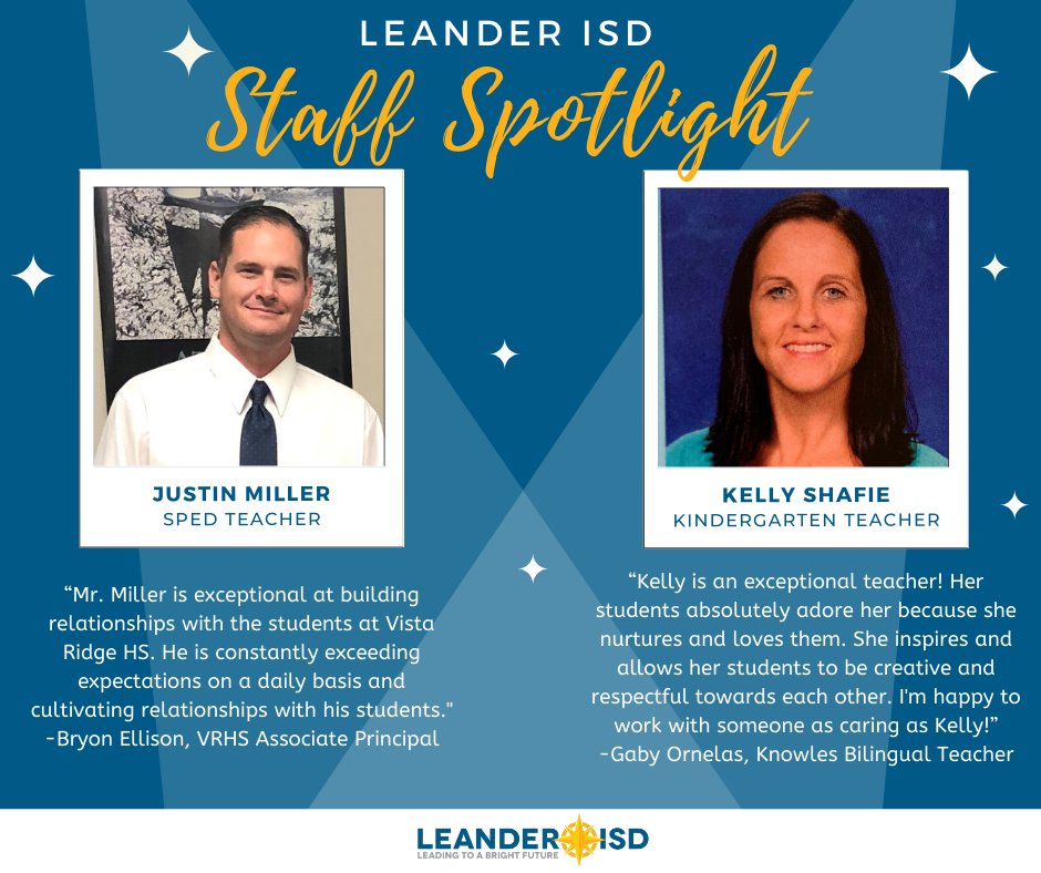 Congrats, Justin Miller <a href="/VistaRidgeHS/">Vista Ridge H.S.</a> &amp; Kelly Shafie <a href="/KnowlesES/">Knowles Elementary</a>! These extraordinary individuals go above and beyond every day building meaningful relationships with their students and ensuring their students feel supported to achieve in whatever they do! bit.ly/2x0fMWj