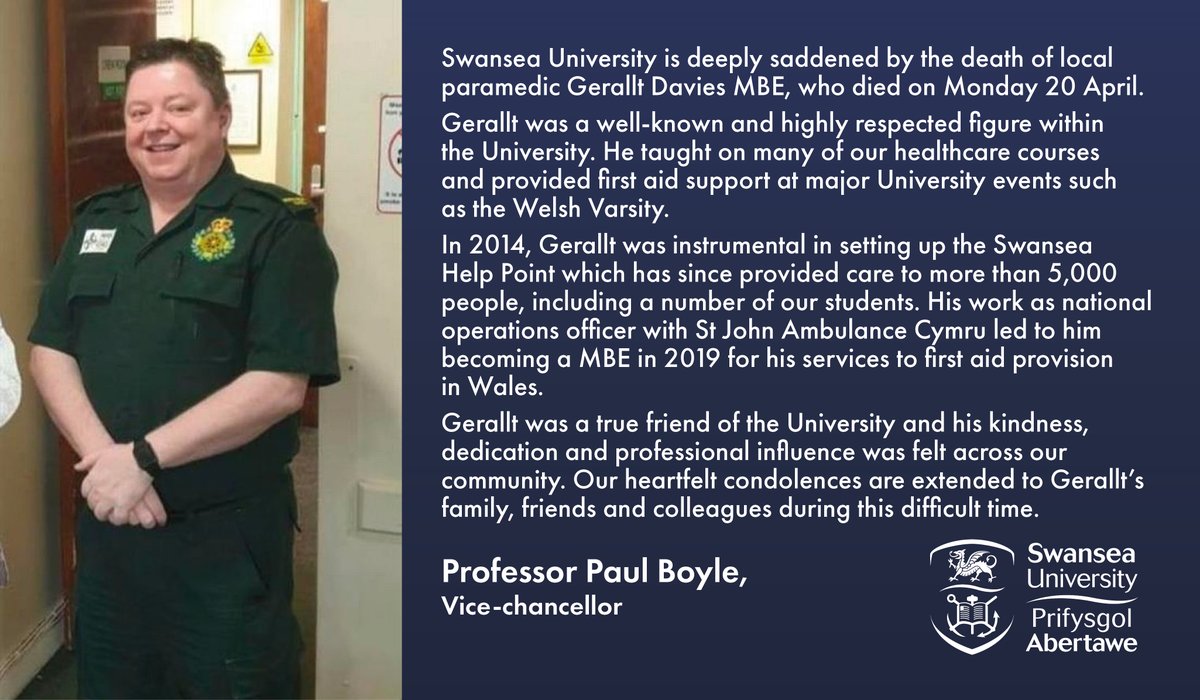 We are deeply saddened by the loss of our dear friend Gerallt Davies MBE who passed away earlier this week. 

Professor Paul Boyle, vice-chancellor, pays tribute to Gerallt on behalf of the University.