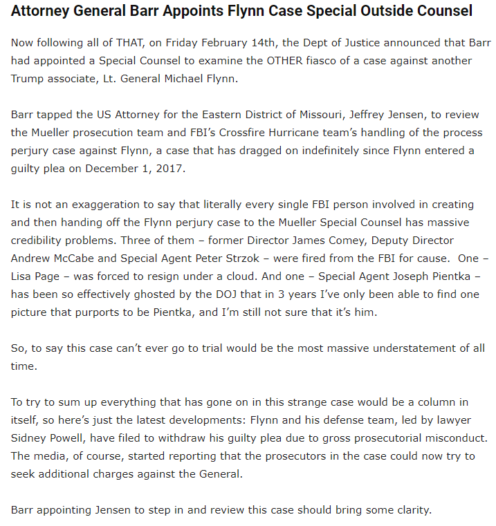 An outside special prosecutor was appointed by AG William Barr to go into the US Attorney's Office in Washington DC **specifically** to thoroughly review Weismann & Van Grack & the Mueller team's work on this fiasco of a case against  @GenFlynn.