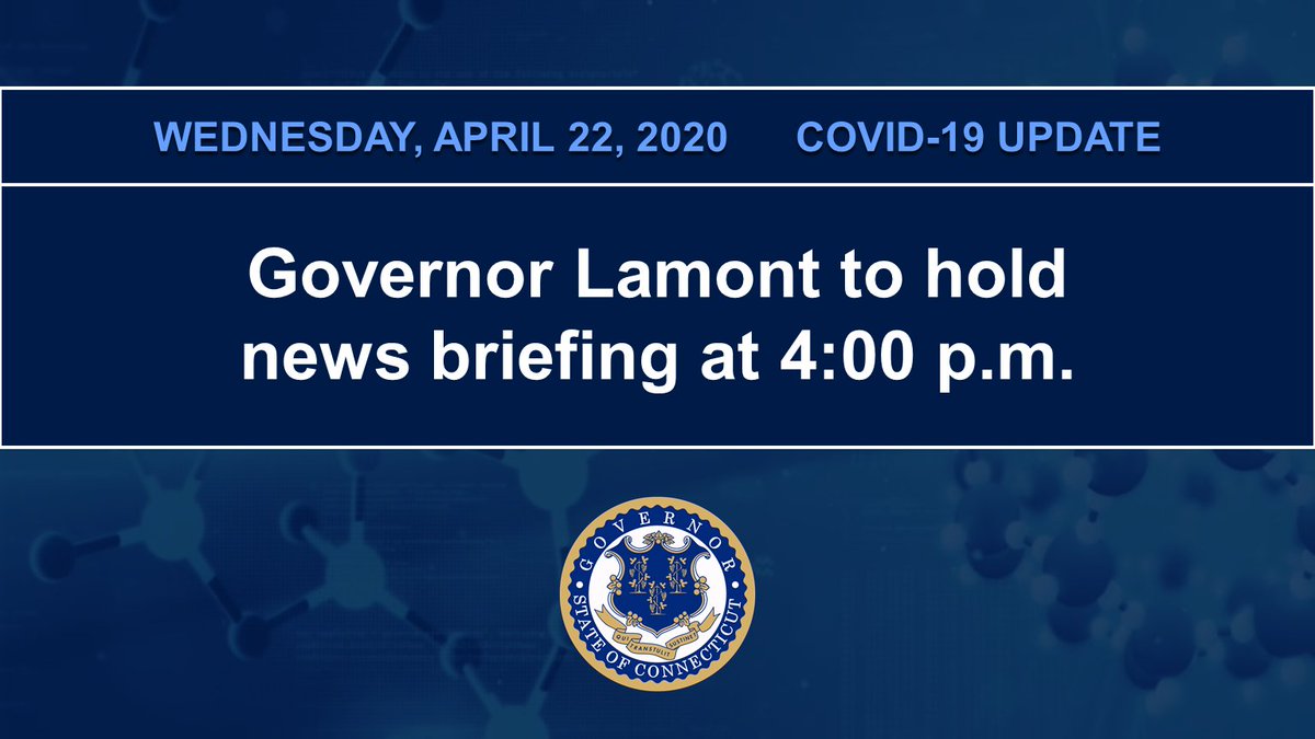 I will hold a news briefing today at 4:00 p.m. to discuss the latest updates on COVID-19 in Connecticut.

Watch live on 📱💻⬇️

Facebook: facebook.com/GovNedLamont
YouTube: youtu.be/z01EcoaR1kk