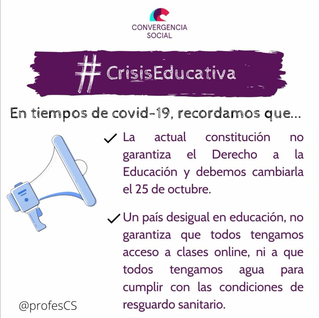 ProfesCs's tweet photo. En tiempos de covid 19🚨 recordamos que necesitamos una constitución que garantice el Derecho a la Educación, además de un gobierno dispuesto a cambiar el modelo y escuchar las necesidades de las comunidades educativas. 👩‍🏫👨‍🏫
#covid19
#crisiseducativa #súmatealaconvergenciasocial https://t.co/tN5fjrGJyz