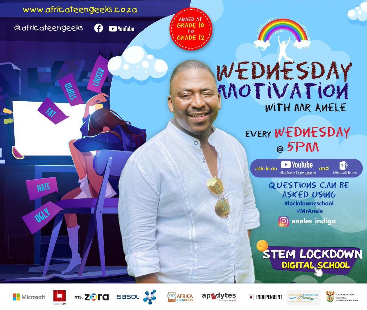 rulerofself's tweet photo. We’re talking learner mental and emotional well-being with clinical psychologist Anele at 5pm. You don’t want to miss this! We love this #lockdowneschool #stemchampions https://t.co/T6Gi5iIbNg