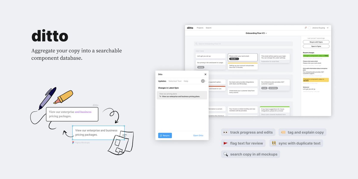 ✍️ Ditto | collaborate on … — Manage the words across your team’s product with a central source of truth. Ditto helps teams collaborate on their copy. With Ditto, you can: 🔍Search for text across your mockups 📜View detailed edit history of…
figma.com/c/plugin/79882…